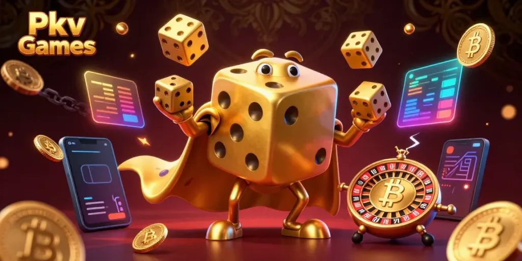 Pkv Games showcases an ultra-detailed 3D illustration of a golden dice golem in an energetic casino setting.