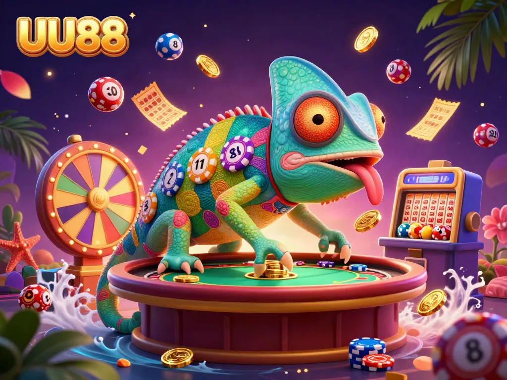 Experience the thrilling casino vibe with UU88’s vibrant 3D illustration featuring colorful games and lucky moments.