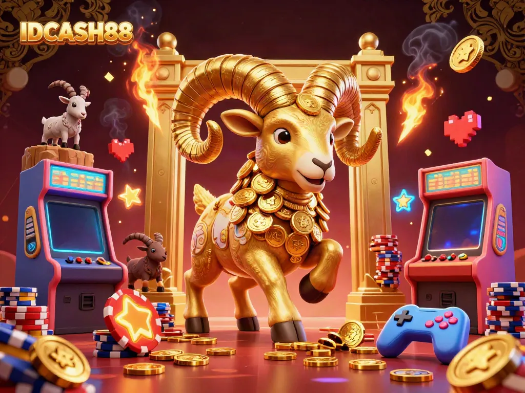 Experience thrilling gameplay at IDCASH88 with a golden ram charging through a vibrant casino scene.