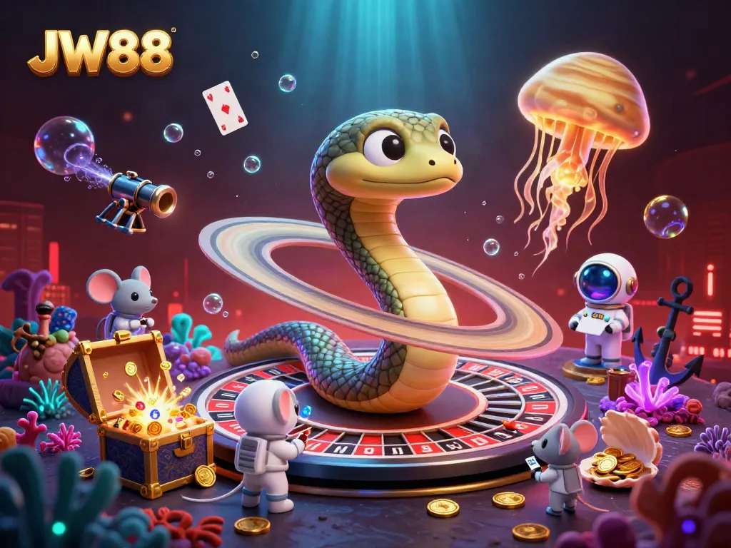 Bet on JW88 with vibrant cosmic casino-themed illustration featuring roulette and playful characters.