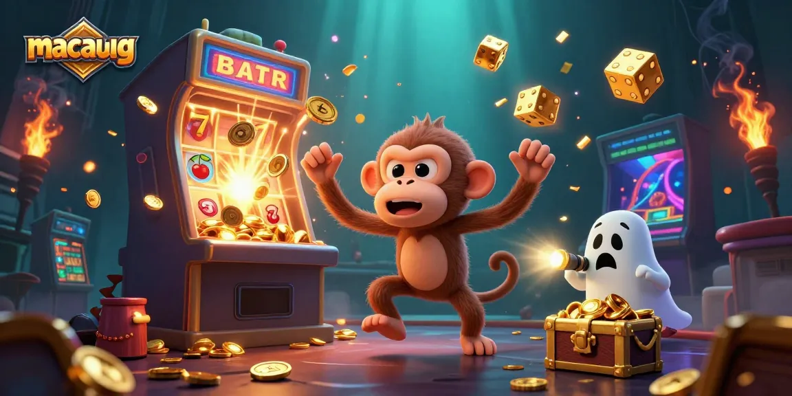 Experience the thrill of macaugg with a festive, colorful casino scene featuring dynamic game elements and lively characters.
