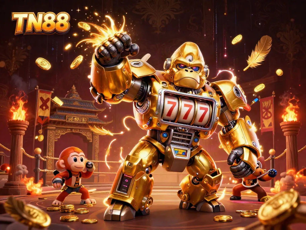 Engage with TN88's thrilling casino atmosphere featuring a golden mech and dynamic slots.