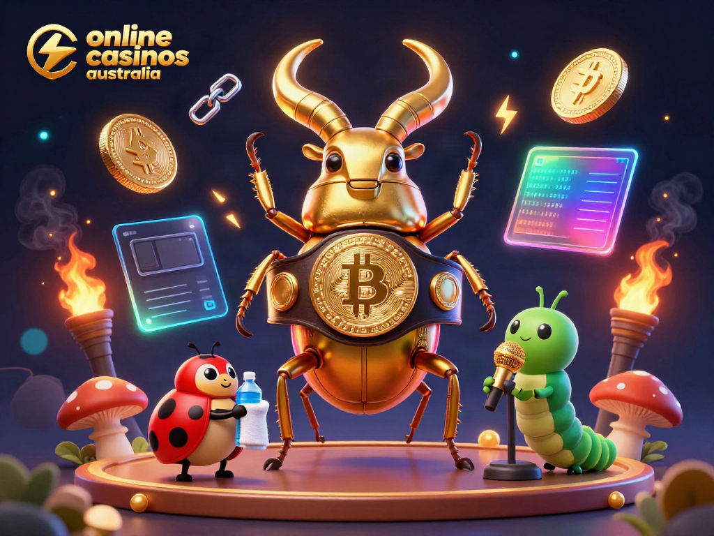 Engage with top online casinos Australia via a 3D cartoon illustration featuring a champion beetle and crypto elements.