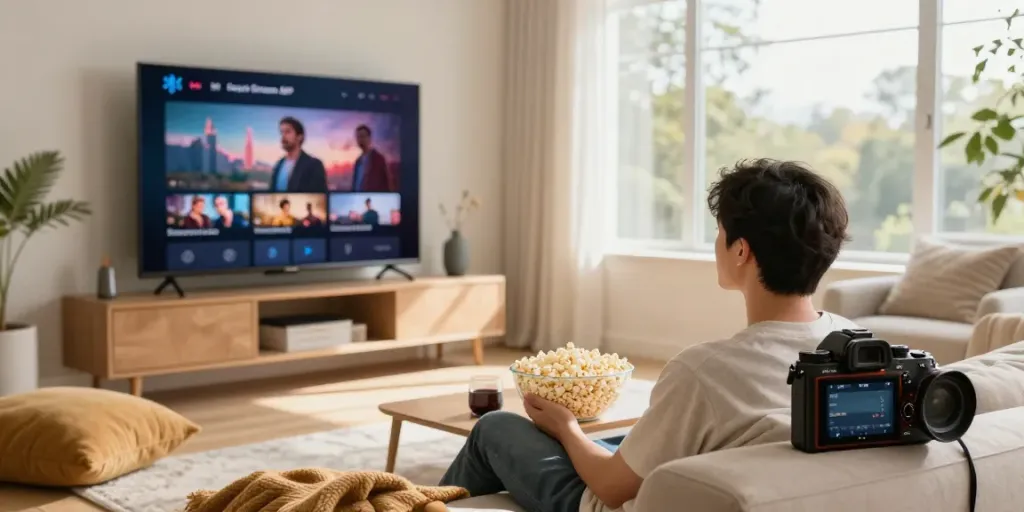 Expérience de visionnage agréable avec Senpai Stream APK dans un salon confortable.