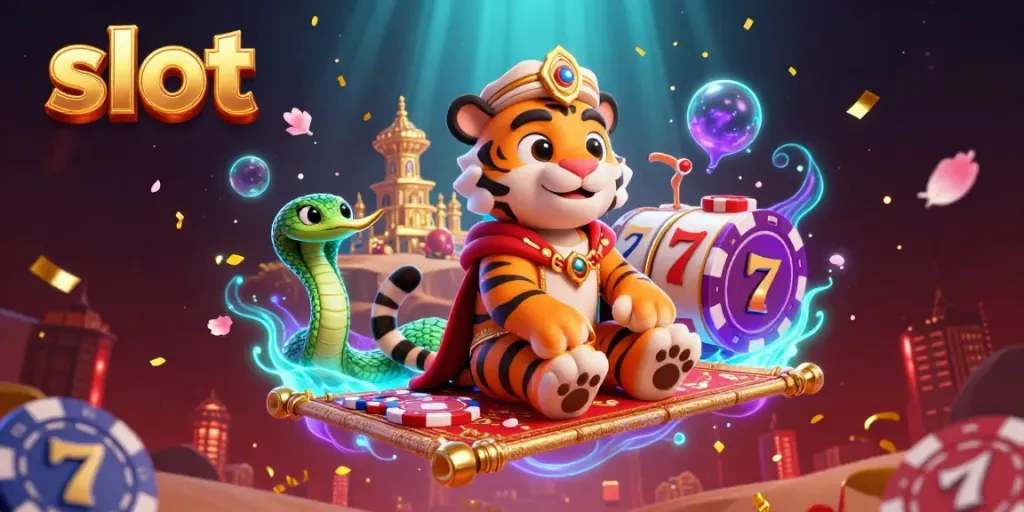 Spin the slot with a vibrant 3D casino scene featuring a magical tiger sultan and slot reels.
