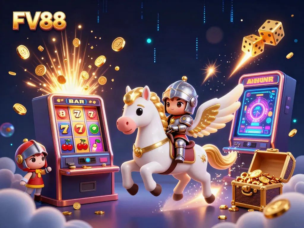 Experience thrilling FV88 gaming with a magical horse, jackpot slots, and an armored knight!