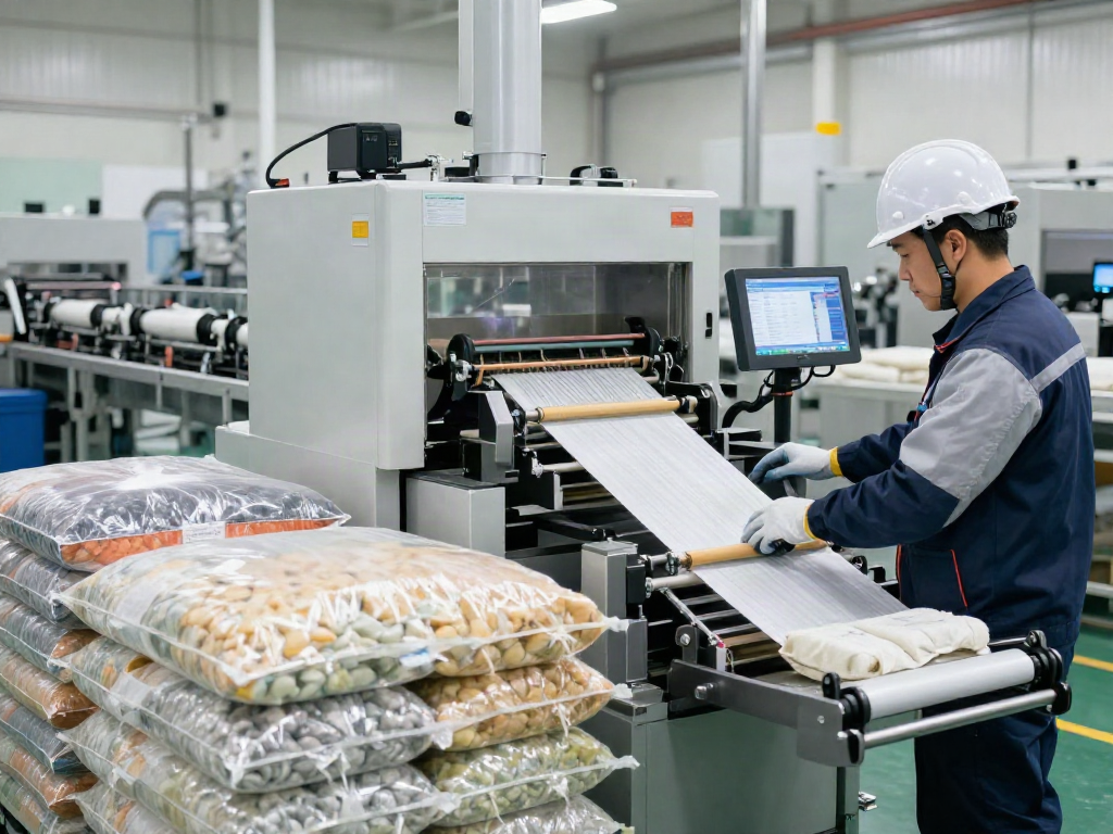 Customized packaging solutions in a state-of-the-art manufacturing plant, showcasing bagging machines and efficiency.