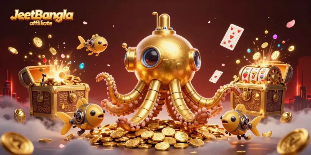 Engaging 3D scene showcasing JeetBangla affiliate with a golden kraken submarine and vibrant casino elements.