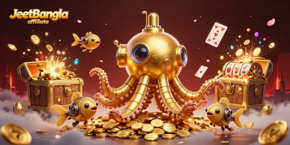 Engaging 3D scene showcasing JeetBangla affiliate with a golden kraken submarine and vibrant casino elements.