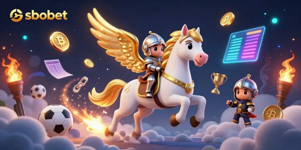 Engage with sbobet through dynamic sports betting elements and a celestial horse in this vivid 3D illustration.