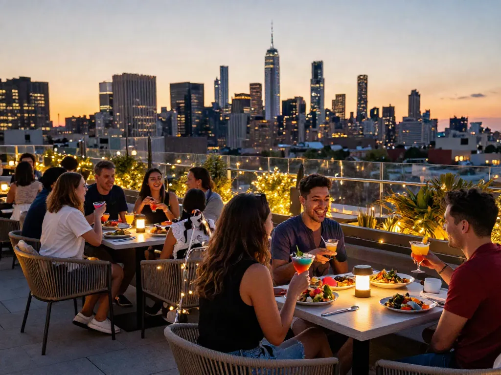 Guests savoring cocktails at NOHU Rooftop Bar with stunning NYC skyline.