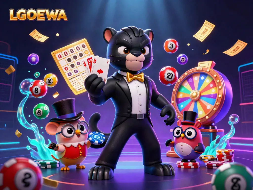Experience the thrill of LGODEWA with our stylish gaming characters surrounded by dynamic casino elements.