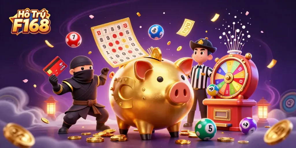 Engage with Hỗ Trợ F168 in a vibrant casino scene featuring a golden piggy bank sumo wrestler and dynamic game elements.