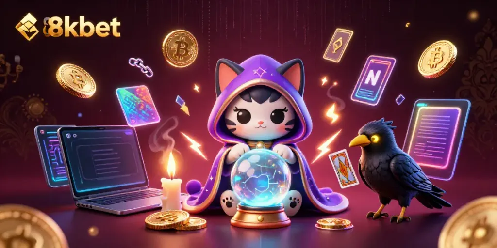 Experience the magic of 88kbet with vibrant 3D characters and crypto elements in an enchanting casino scene.