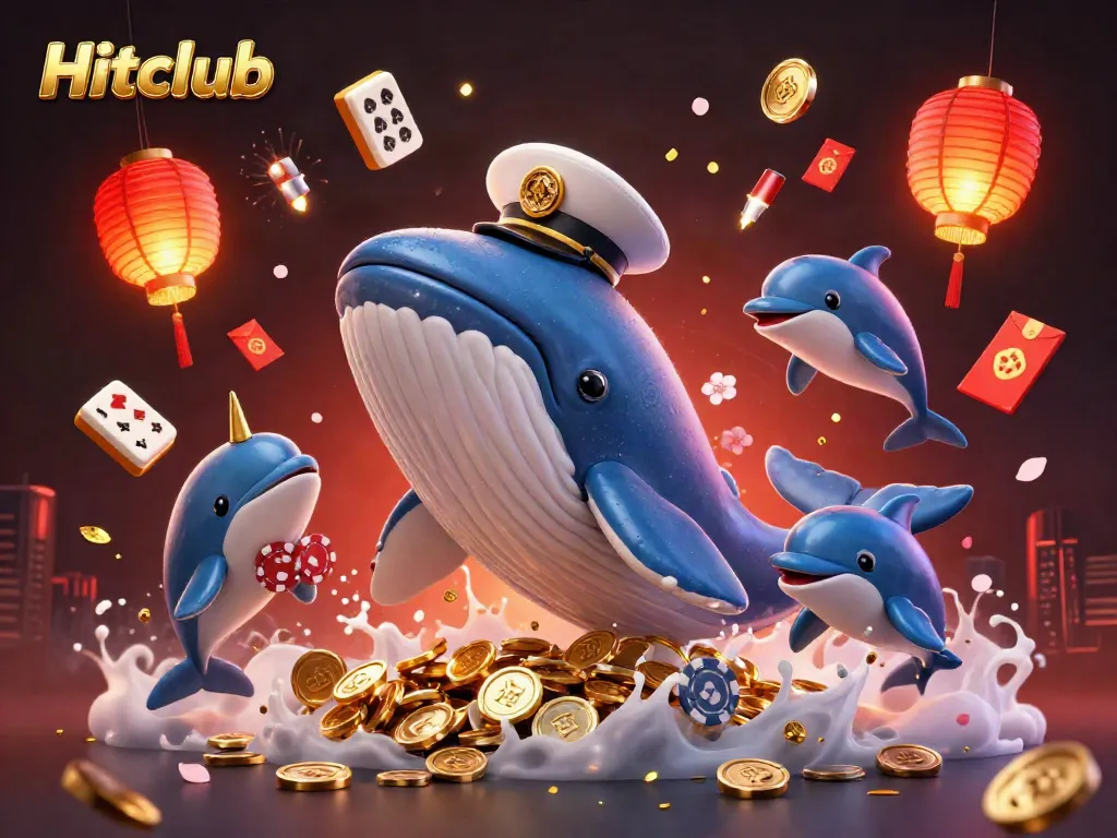 Hitclub showcases a giant whale with a captain's coat surrounded by vibrant casino elements, celebrating gaming.