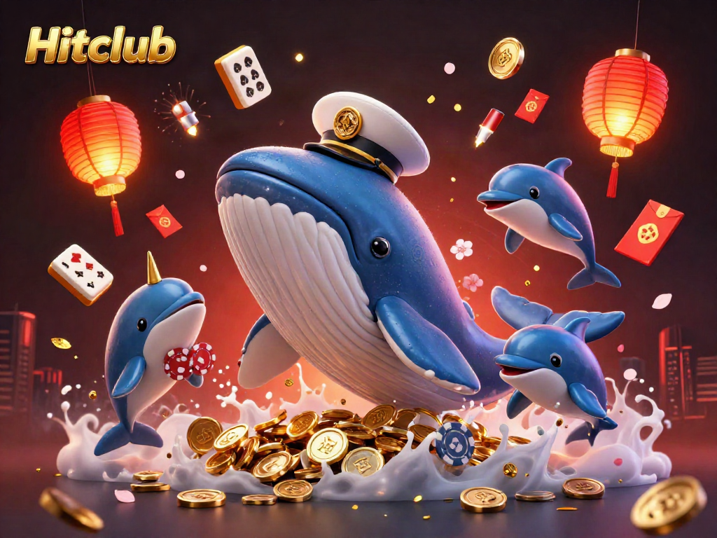 Hitclub showcases a giant whale with a captain's coat surrounded by vibrant casino elements, celebrating gaming.
