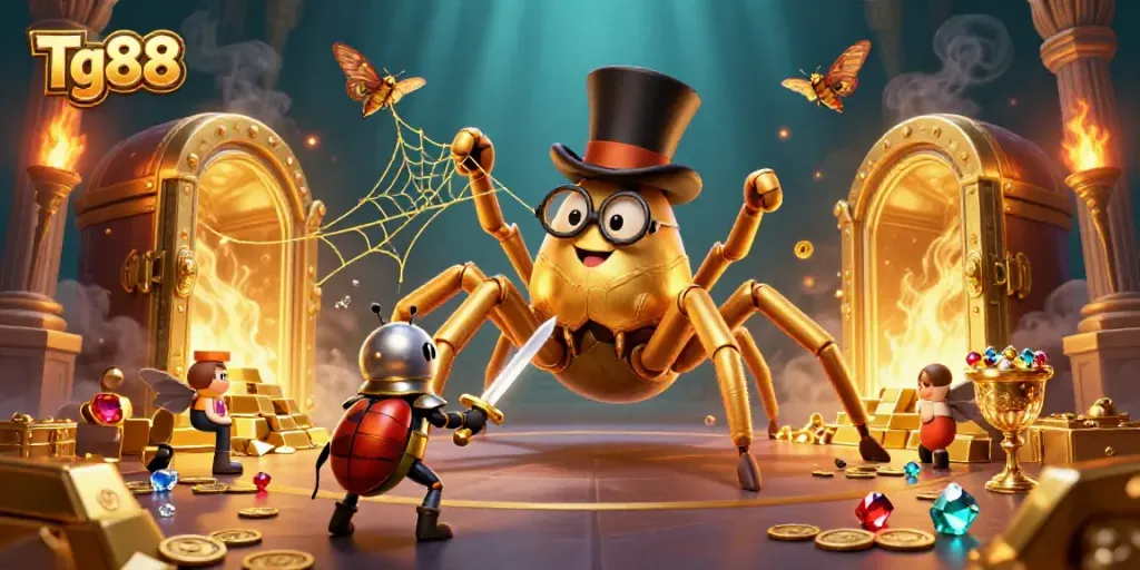 Experience thrilling moments at Tg88 casino as whimsical 3D creatures interact with gold treasures.