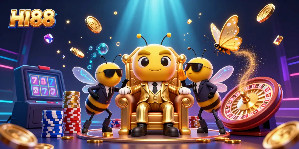 Engaging HI88 casino scene with cartoon characters, poker chips, and slots creating a vibrant gaming atmosphere.