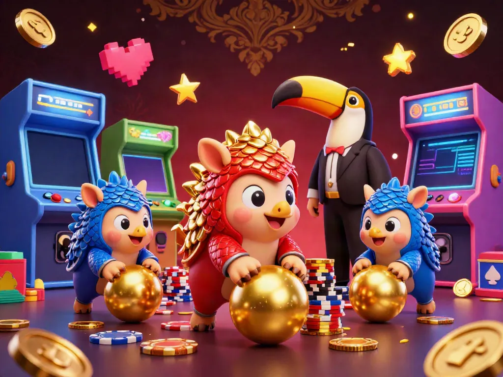 Kuwin pangolin characters competing in a lively casino setting, showcasing vibrant gaming elements.
