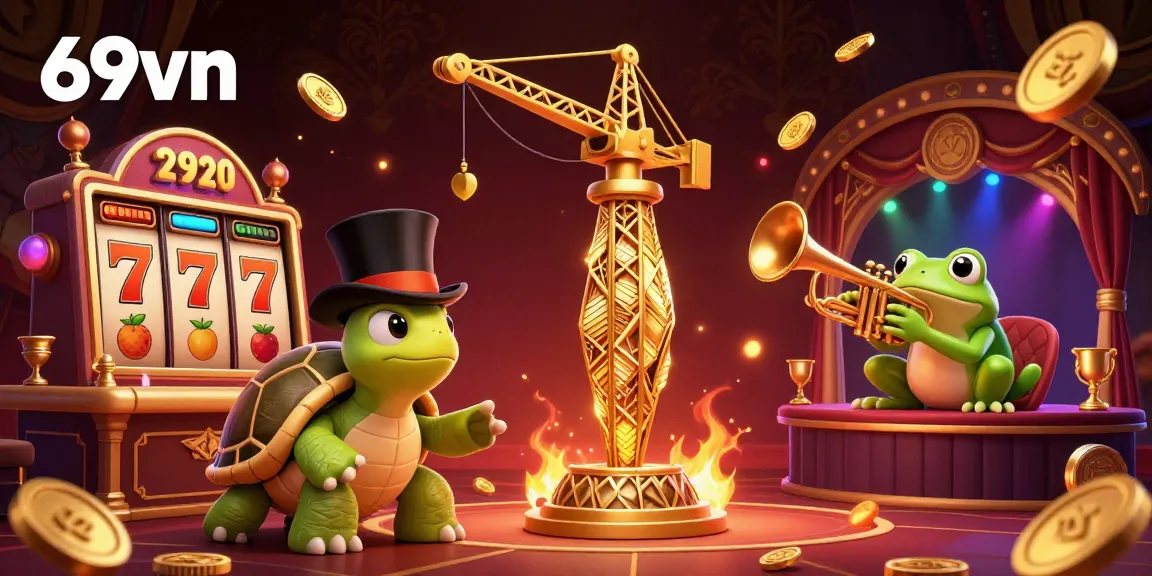 Experience the thrill of 69vn's casino with a captivating 3D scene featuring vibrant characters and colorful slot reels.