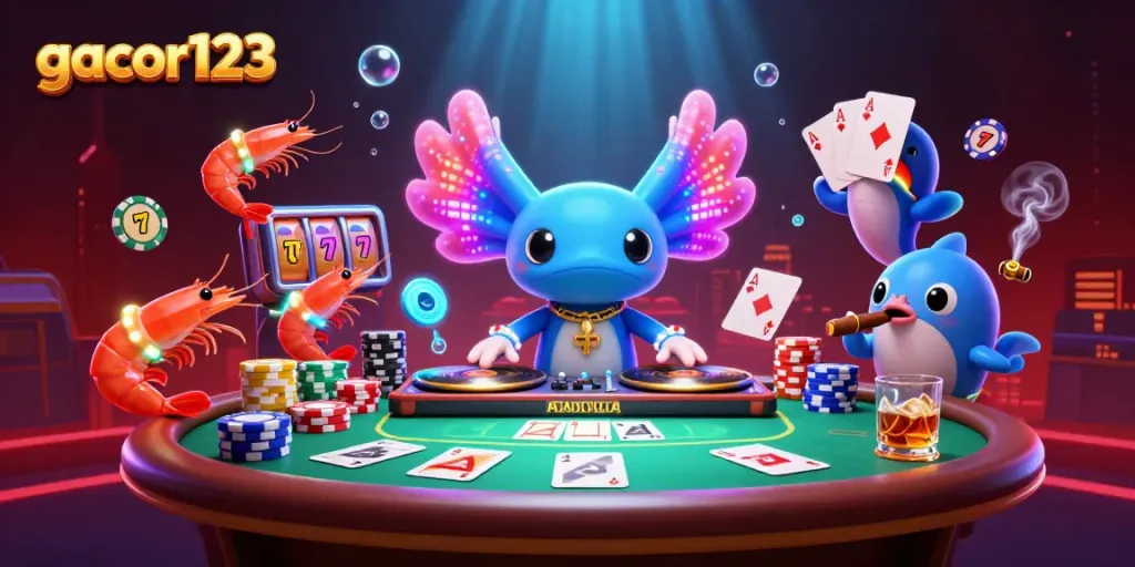 Join the exciting scene at gacor123 with a vibrant axolotl DJ and gambling elements.