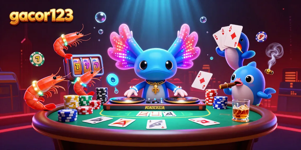 Join the exciting scene at gacor123 with a vibrant axolotl DJ and gambling elements.