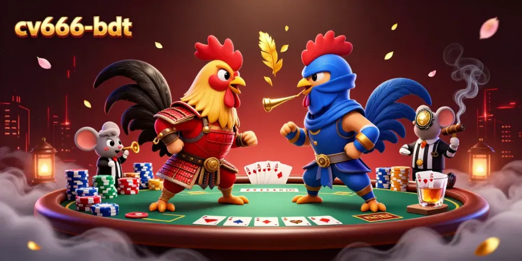 cv666-bdt captivating scene with roosters in battle while poker elements surround them