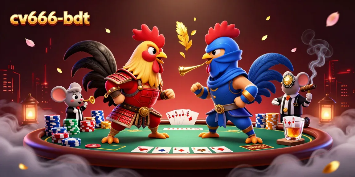 cv666-bdt captivating scene with roosters in battle while poker elements surround them