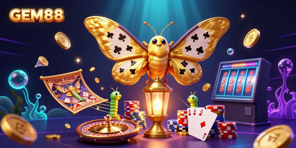 Engage with GEM88's vibrant casino scene featuring a majestic moth and gold treasures amid dynamic gambling elements.