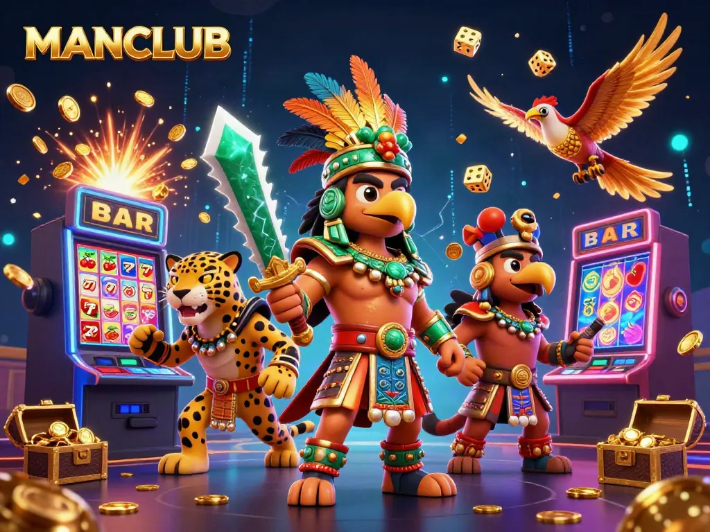 MANCLUB gaming scene showcasing colorful slot machines, jackpot coins, and captivating characters.