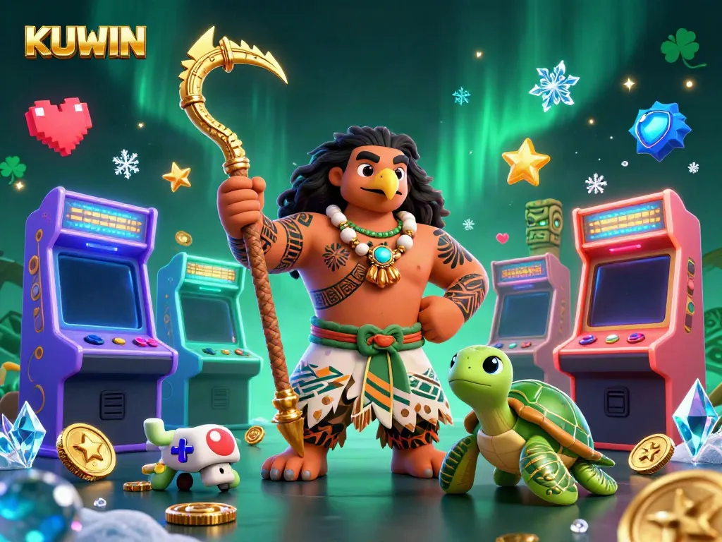 Experience thrilling gameplay with KUWIN's vibrant casino scene featuring cartoon characters and interactive game elements.