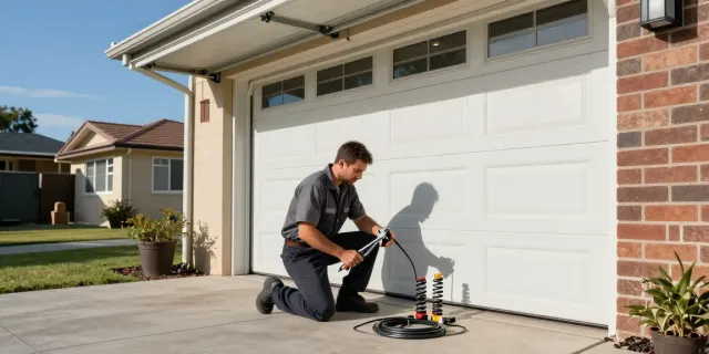 A technician diagnosing a broken garage door in Perth with essential repair tools nearby.