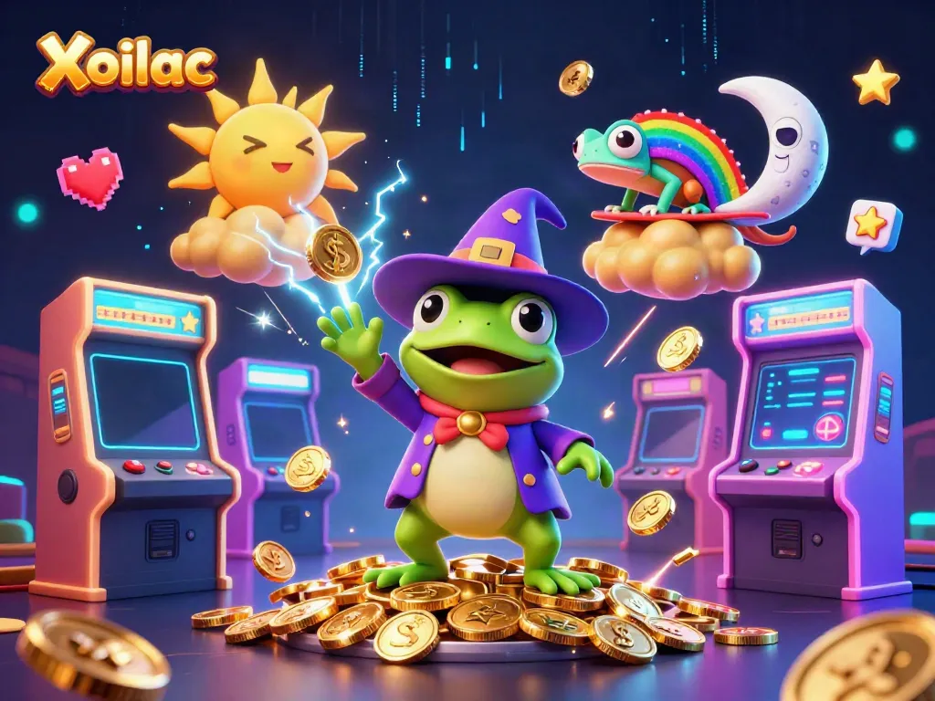 Xoilac brings vibrant casino adventure to life through animated characters surfacing gold coins and gaming elements.