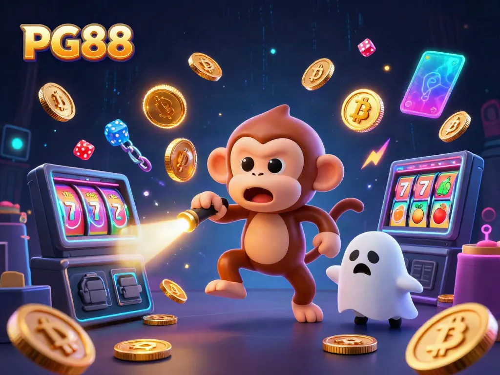 Join the playful PG88 monkey juggling golden coins in a lively haunted casino atmosphere.
