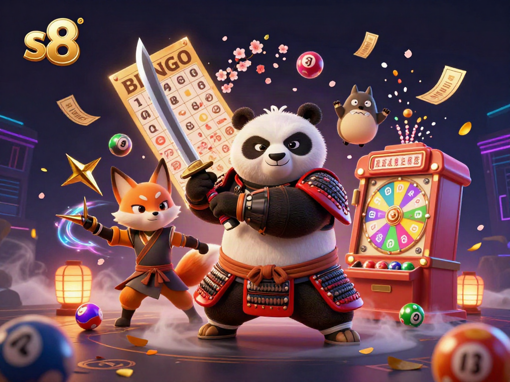S8's dynamic casino scene featuring a samurai panda, ninja fox, and magic tanuki amidst gambling elements.