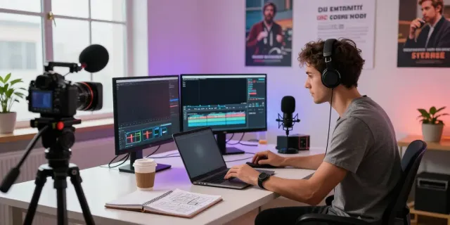 Content creator editing video on laptop, focused on storytelling in a dynamic media studio setting.