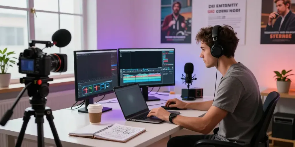 Content creator editing video on laptop, focused on storytelling in a dynamic media studio setting.