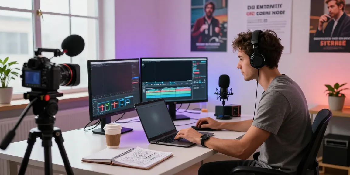 Content creator editing video on laptop, focused on storytelling in a dynamic media studio setting.