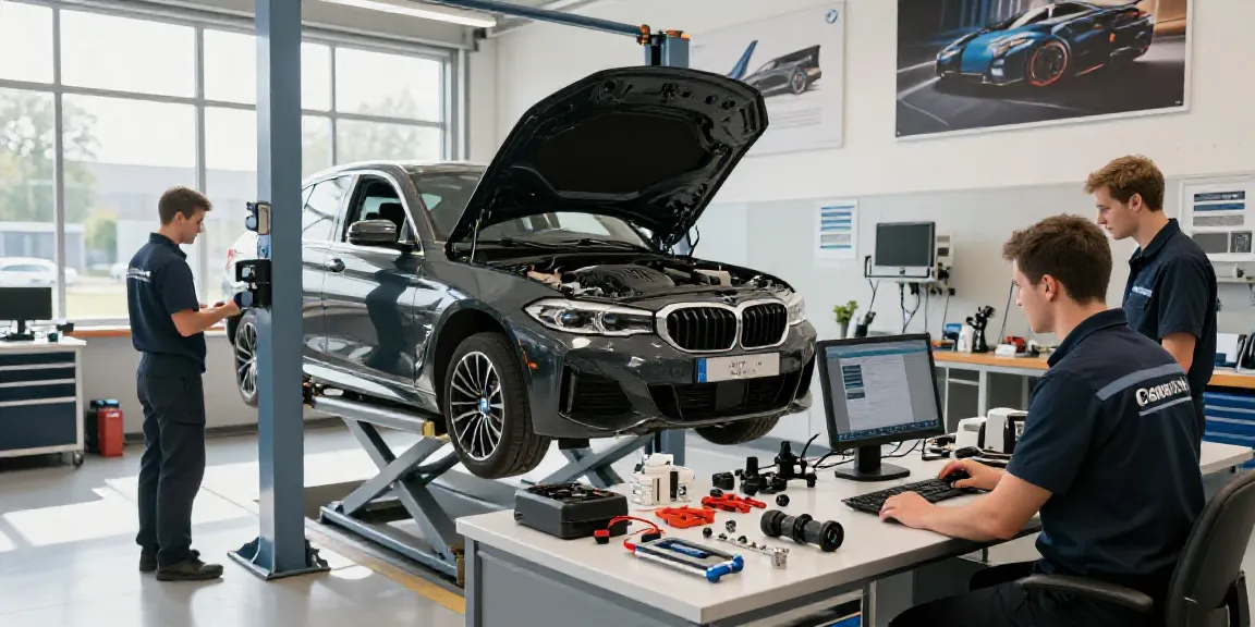Technician at BMW werkstatt hannover inspecting engine in modern facility.