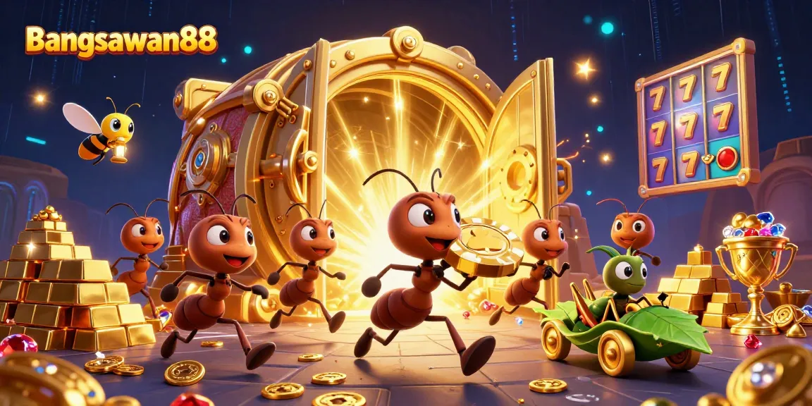 Bangsawan88 showcases ants in an epic heist carrying a giant poker chip amidst dazzling casino treasures.
