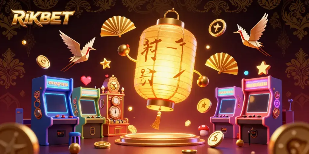Engage with the vibrant atmosphere of RIKBET, featuring golden lantern spirit and gaming elements.