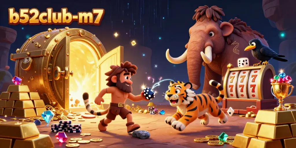 A vibrant casino scene featuring b52club-m7 with cartoon caveman and tiger playing lively games.