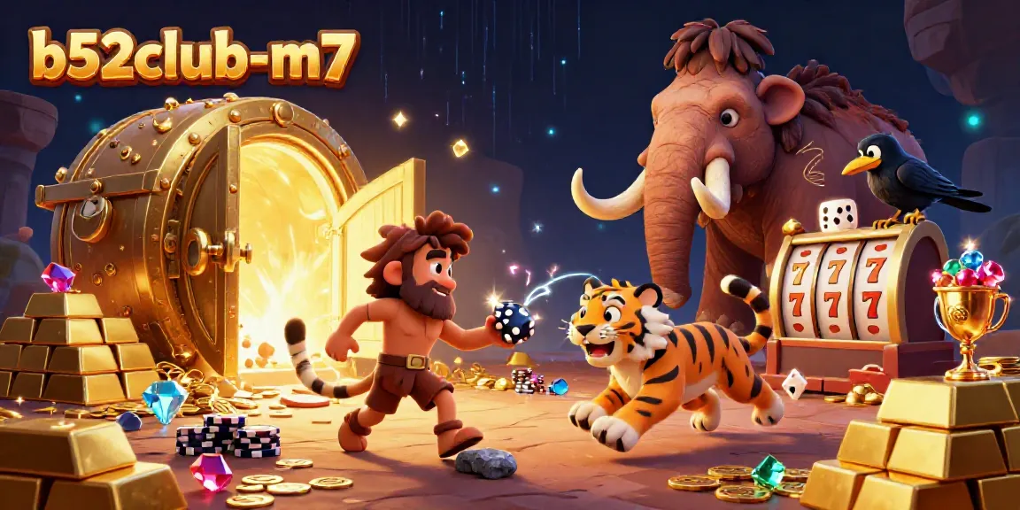 A vibrant casino scene featuring b52club-m7 with cartoon caveman and tiger playing lively games.