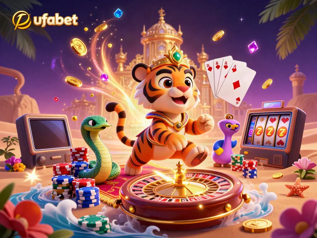 ufabet นำเสนอตัวละครเสือซูลต่านบินในอากาศ พร้อมเหรียญทองและชิปโป๊กเกอร์เต็มไปหมด