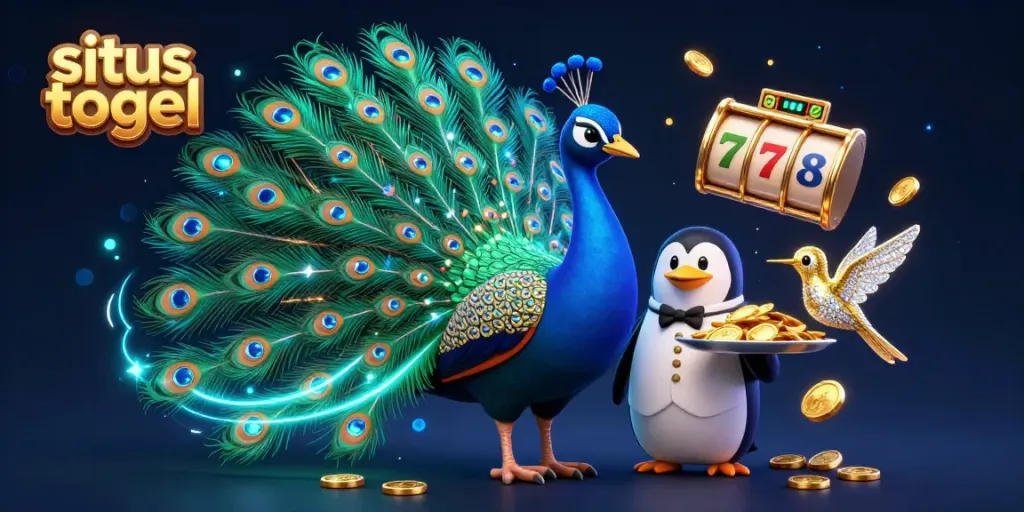 Engage with situs togel in a vibrant casino scene featuring a royal peacock, a chic penguin, and a sparkling hummingbird.