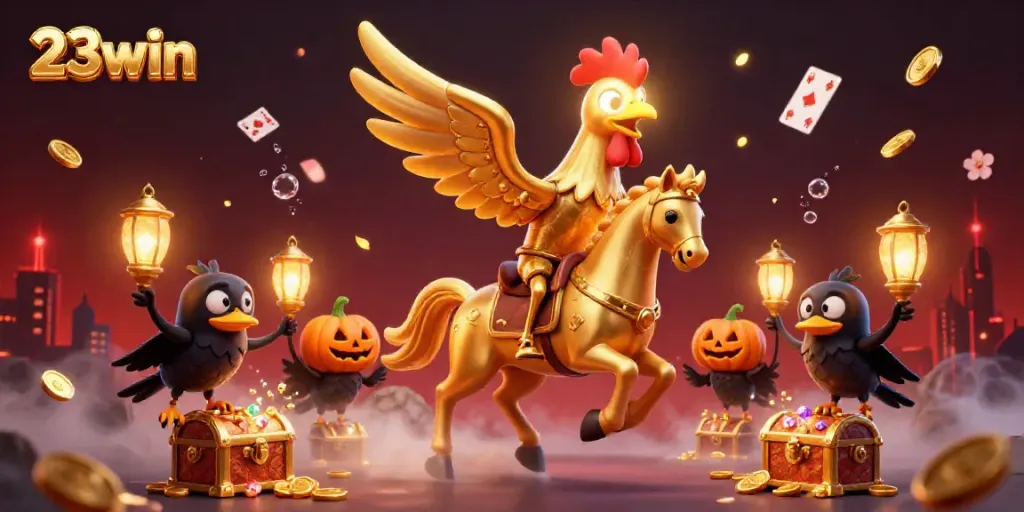 Experience the excitement of 23win casino gaming with a golden rooster riding a spectral horse.