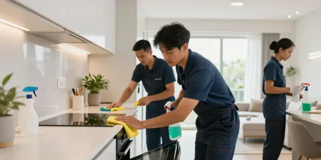 End of lease cleaning Melbourne team at work in a bright kitchen, showcasing professional cleaning techniques and eco-friendly products.