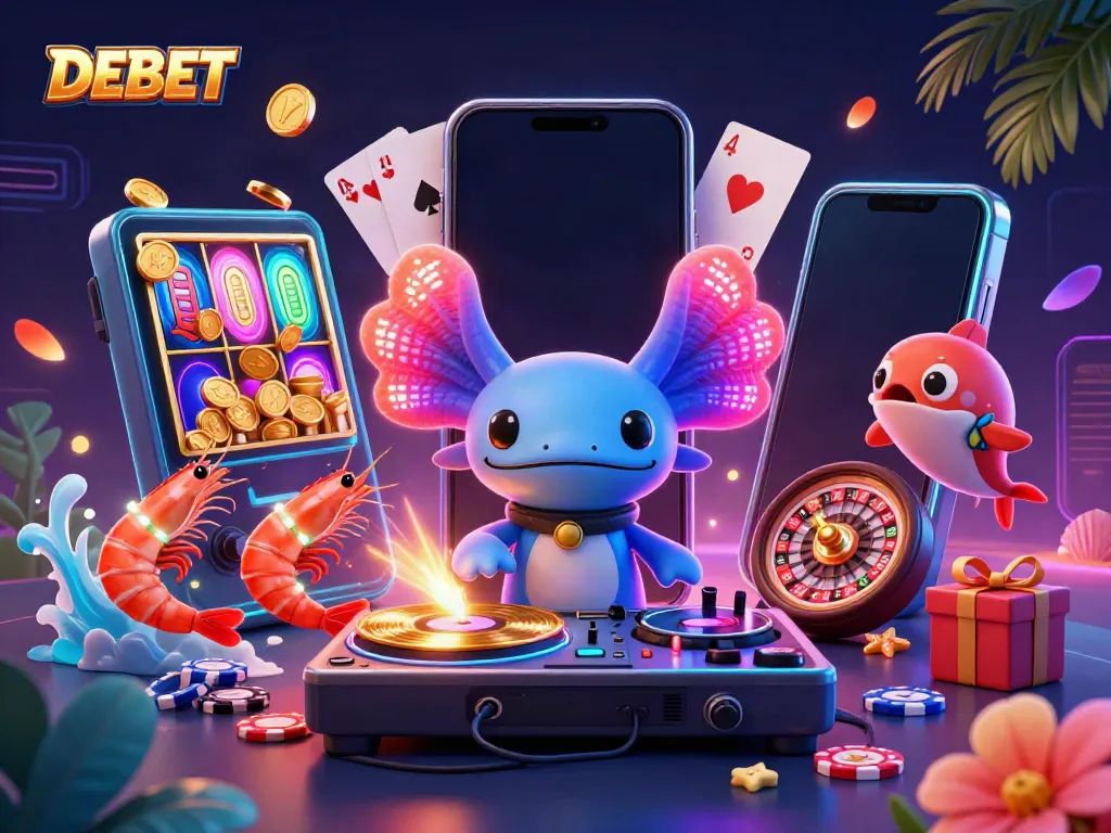 Engage with DEBET through a vibrant underwater party scene showcasing lively casino gaming elements.