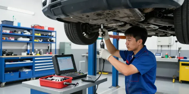 DPF regeneration process in an automotive workshop, showcasing a technician at work.