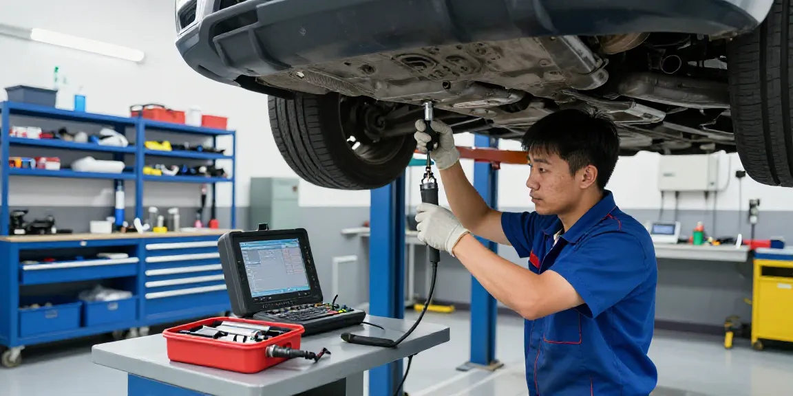 DPF regeneration process in an automotive workshop, showcasing a technician at work.
